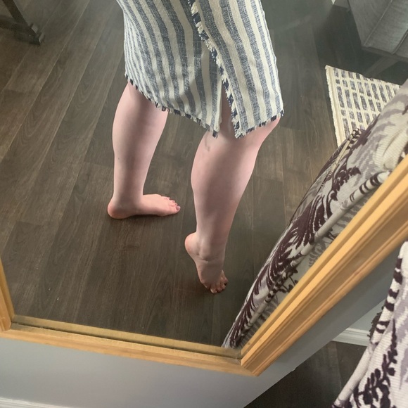 White and Blue Striped Tweed Midi Skirt with Slit - Picture 2 of 5